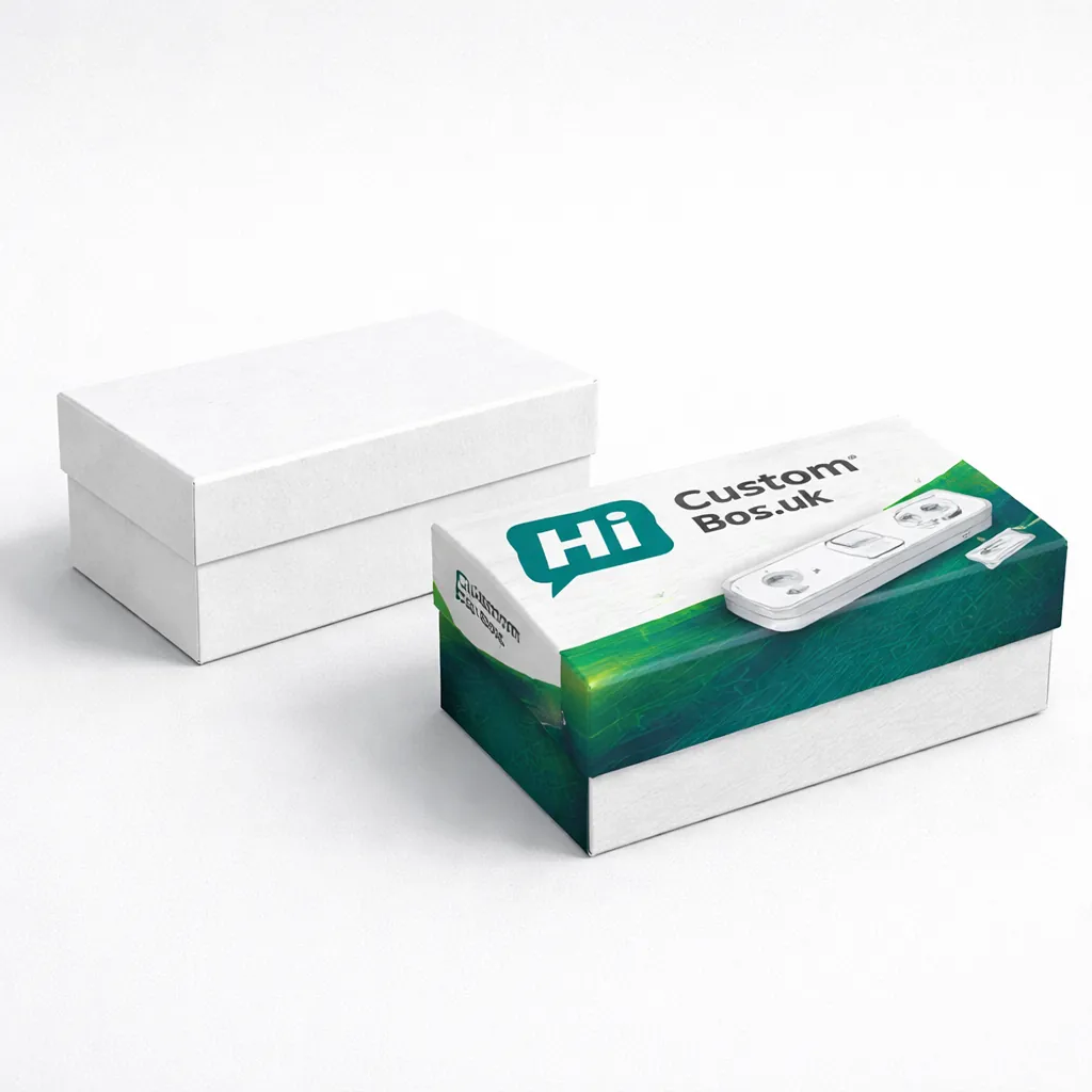 Two rectangular gift-style boxes, one plain white and one featuring a green extension lead design. class=